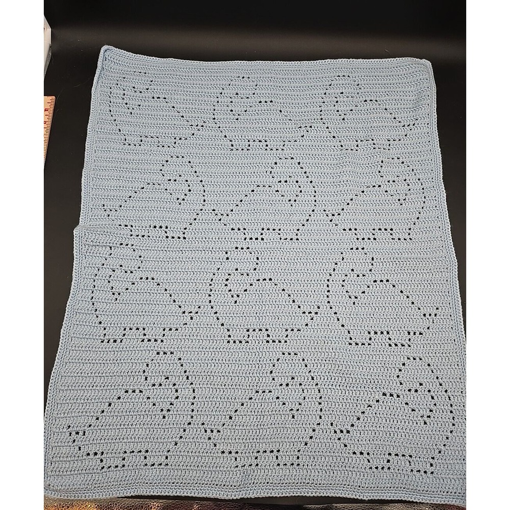 Handmade Crocheted Baby Afghan Blanket Throw  Lap 28" x 23.5" Dinosaur Blue Soft